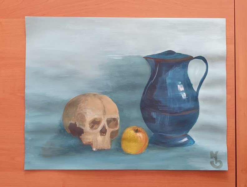 Zátiší s lebkou; Kvaš na papír 59,4 x 42, 2024